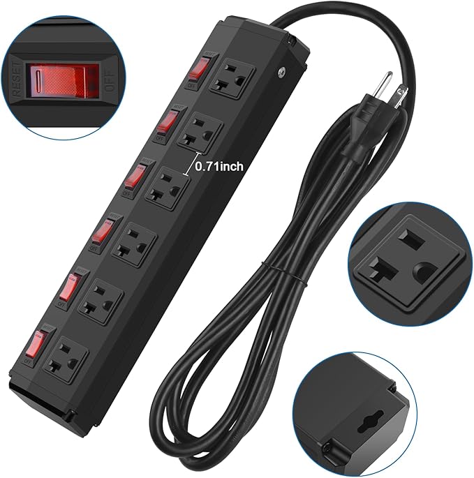 CCCEI Metal Power Strip Individual Switches 6 Outlets, Heavy Duty Power Strip 20Amp Surge Protector for Appliances, 15FT Extension Cord Strip, 1200J Surge Protector 20A 125V 2500W.
