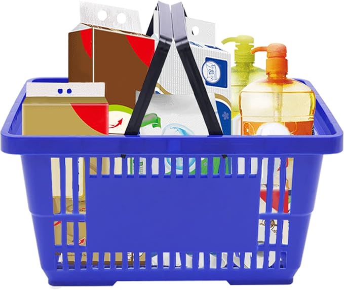 12PCS Shopping Baskets with Handles, 21L Plastic Grocery Basket for Retail Store, Supermarket, Grocery Shopping |17" x 12" x 9" Portable Shop Basket (Blue)