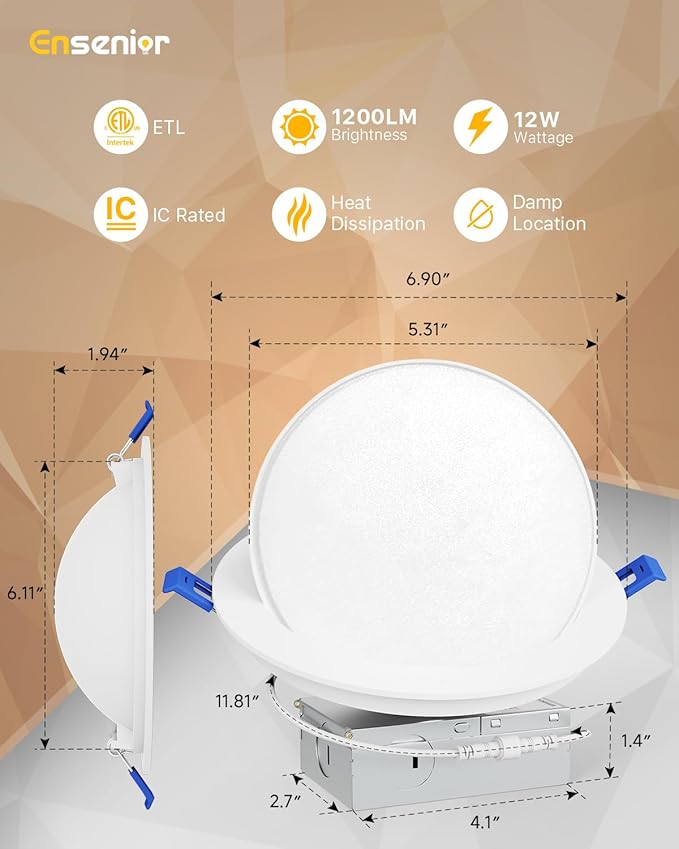 Ensenior 4 Pack 6 inch Gimbal Led Recessed Lighting, 90° Rotatable and 5CCT Selectable, Dimmable Eyeball Recessed Lights, Angled Adjustable Ceiling Downlight, 1200LM, 12W=115W-ETL&FCC Certified
