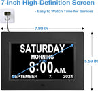 JALL 【2024 New】 Digital Calendar Dementia Day Clock, 7 Inch Large Screen Display, with Multiple Alarms, AM & PM Display, for Impaired Vision People, Age Seniors, for Desk, Wall Mounted