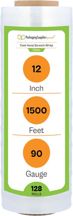 PSBM 128 Rolls 12 Inch x 1500 Feet 90 Gauge Stretch Film/Wrap, Heavy Duty Industrial Strength Clear Shrink Plastic Wrap for Moving, Packing, Shipping, Pallet Wrapping & Storage