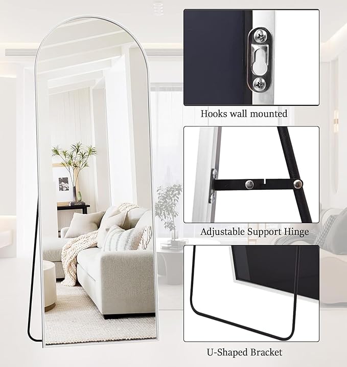 Floor Length Mirror, 71"x26" Arched Full Length&Standing Hanging or Leaning&Freestanding Full Body Mirrors, Wall Mounted Mirror with Thin Aluminum Frame (White)