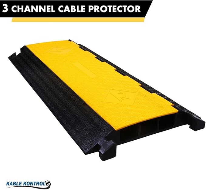Kable Kontrol Atlas Cable Protector Wire Ramp - 3 Channel Bulk Wholesale Pallet - 10 Pcs - 35” Long Black & Yellow - 24000 Lbs Load Capacity - Rubber Speed Bump Wire Protector Cord Cover - CP9973