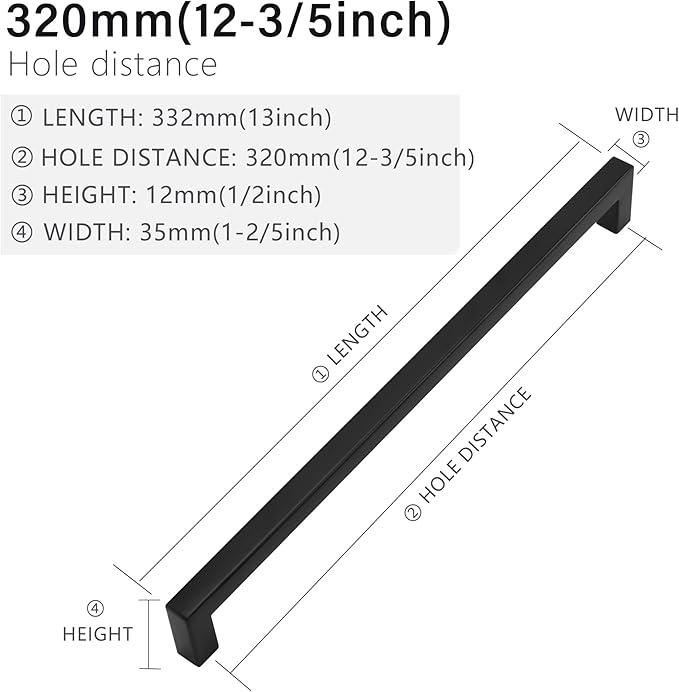 Matte Black Square Drawer Pulls, 5 Pack 12-3/5 Inch Stainless Steel Kitchen Cabinet Handles, 320mm Hole Centers