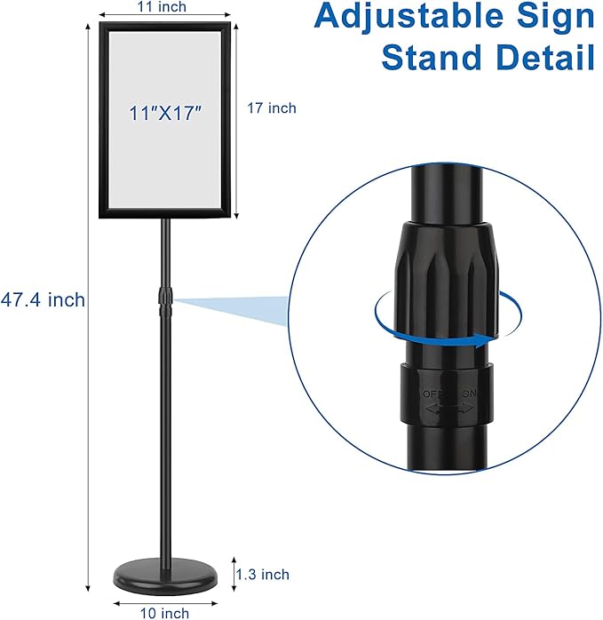 Adjustable Sign Holder Stand 11x17 inch,Pedestal Floor Signage Standing Holder with Heavy Duty Base, Aluminum Snap Open Frame Display for Business Restaurant, Mall,Schools-2 Pack