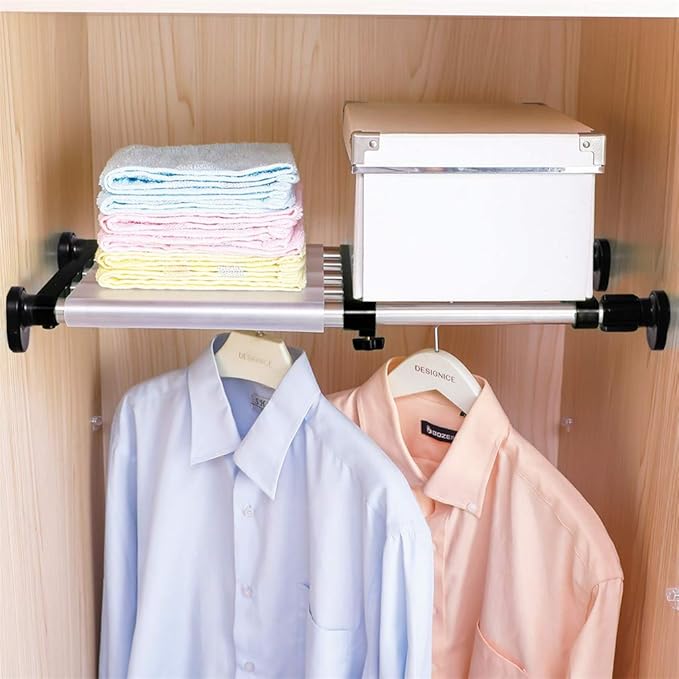 BAOYOUNI Expandable Closet Shelf Tension Rod Clothes Hanger Storage Rack Adjustable DIY Shelving Unit Cabinet Kitchen Bathroom Divider Separator Organizer, Black