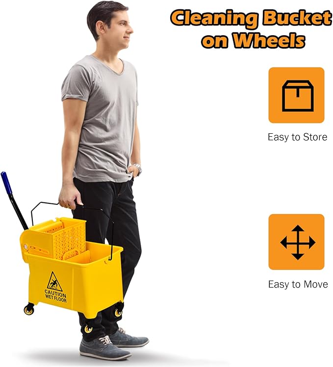 ARLIME Mop and Bucket Set with Wringer On Wheels, 21 Quart Capacity Portable Wringer Trolley on Wheels, Side Press Floor Cleaning Wavebrake w/Handle, Mop Bucket for Home, Commercial, Restaurants