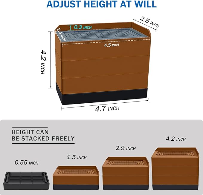 Furniture Risers 4 Inch, Heavy Duty Furniture Elevator in Heights of 1.5, 3 or 4 Inch， Rectangle Raising Blocks for Bed, Couch, Desk, Sofa, Tables,Support Up to 1,300 Lbs (4 Pack-Brown)