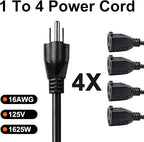 oviitech 1 to 4 Splitter Power Cord,3-Prong SJTW 16 Gauge/3C Extension Cord,1.5FT 4 Outlet Y Splitter Power Extension Cable,Black.