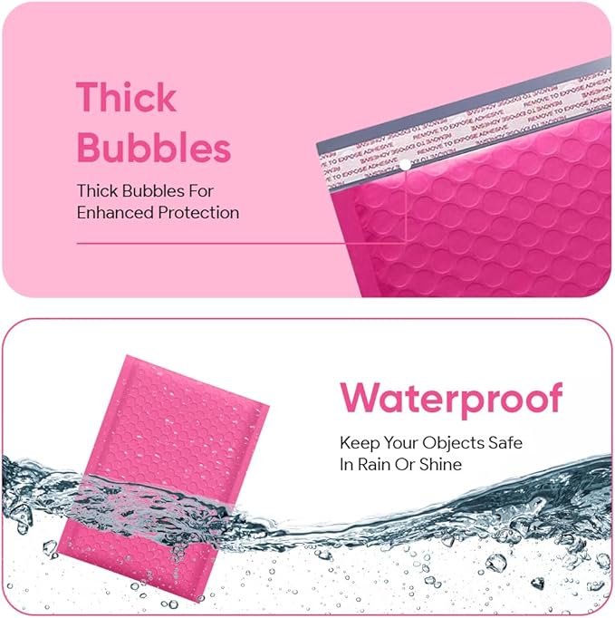 Hot Pink 9.5x14.5 Inch Poly Bubble Mailers #4 | Self Seal Large Padded Envelopes | Air Cushioned Bubble Mailer | Usable Size 9.5x13 Inch | Waterproof Lightweight Mailing Shipping Bags | 100 Pack Bulk