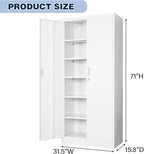 BESFUR Metal Cabinet with 5 Adjustable Shelves and 2 Lockable Doors, 71" H Locking Cabinet for Garage, Classroom and Office -White