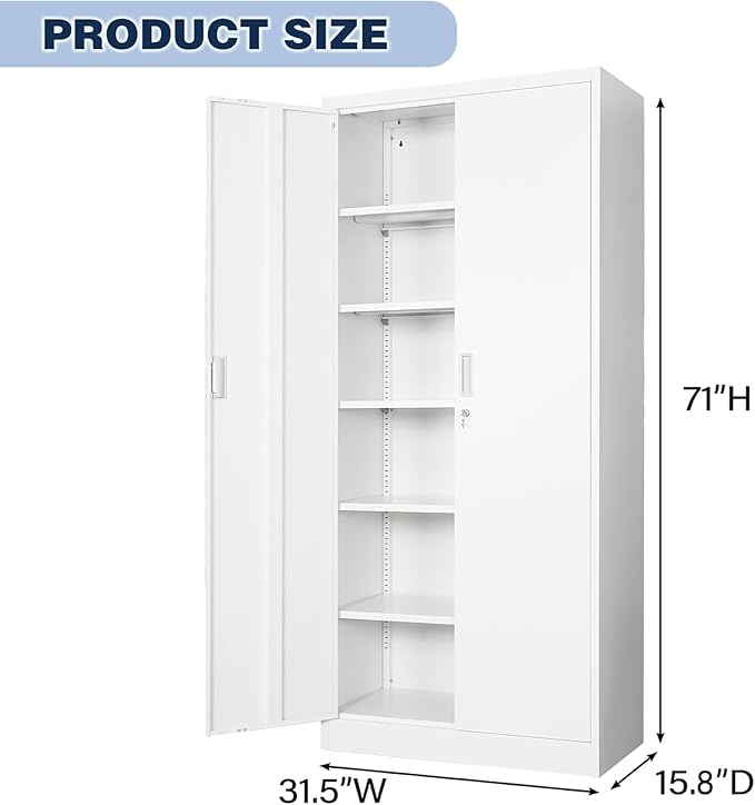 BESFUR Metal Storage Cabinet with 5 Adjustable Shelves and 2 Lockable Doors, 71" White Garage Metal Cabinet, Locking Cabinet for Office, School, Garage