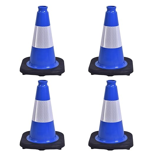 4 Pack 12 Inch Blue PVC Traffic Cones Black Base, Sport Training Cones for Soccer Drills, Kids Outdoor Play, Indoor Gym Activities (4, Blue, 12 Inch)