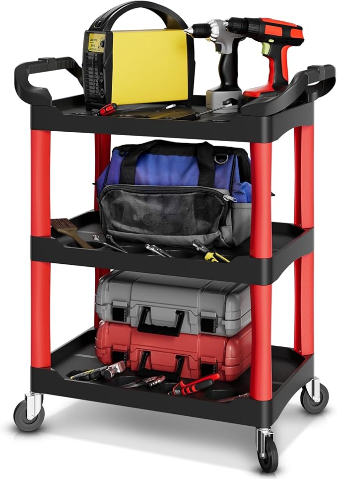 Auto Dynasty 3-Tier Rolling Cart Trolley Storage Detailing Cart with Cup Holders 120kg Capacity on Wheels Fits Home, Garage, Warehouse, Hotel and Workshop Use, Black