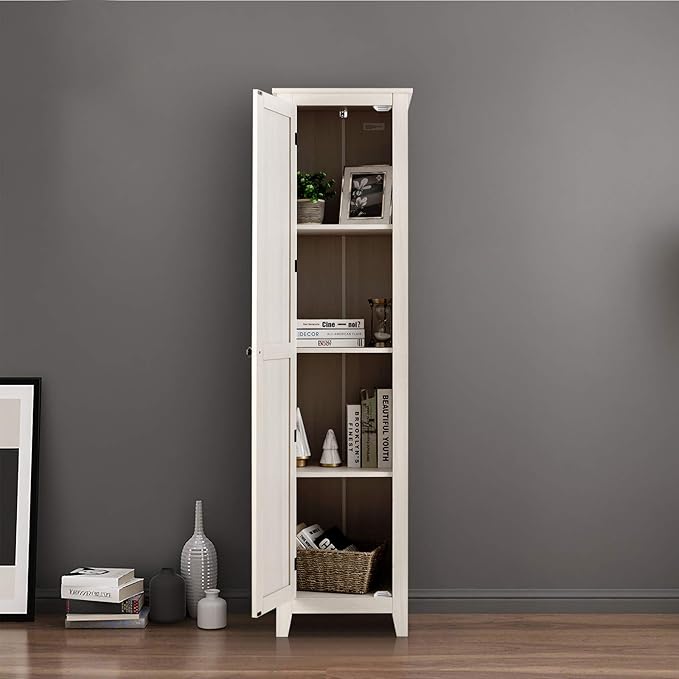 Giantex Tall Storage Cabinet Freestanding Floor Storage Tower with Four Shelves and Single Door, 17x16x72 Inch, Narrow Utility Cabinet for Living Room, Bathroom (Grayish White)
