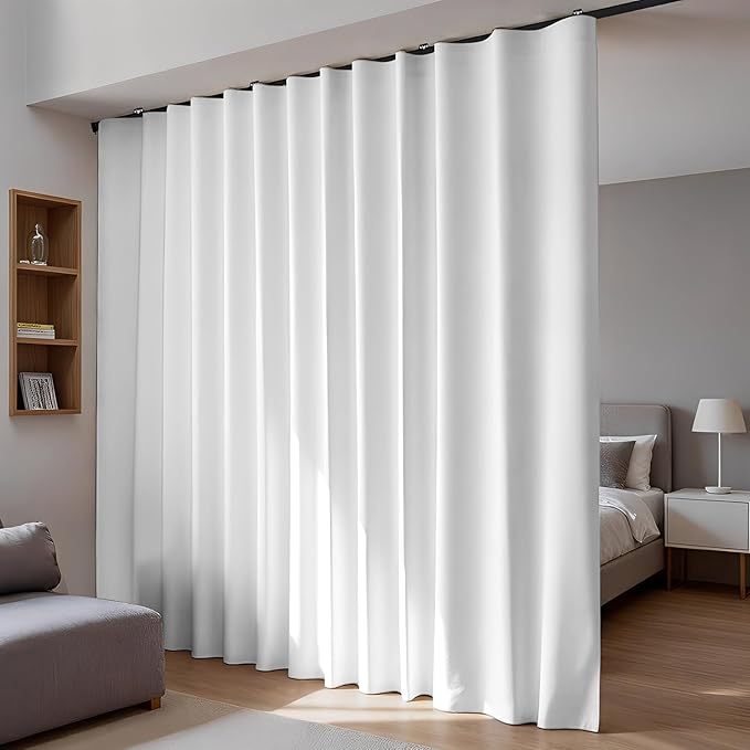 Room Divider Blackout Curtains Flexible Sliding Tracks Sets Ceiling Mounted Rod Window Curtain Privacy Separation for Bedroom Living Rooms,1 Panel Gray White Drape and Black Track Set-W72xH72 in