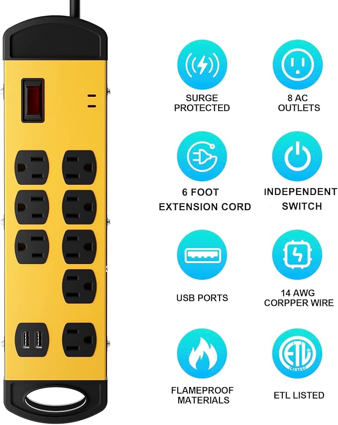 Oviitech 8 Outlets Mountable Heavy Duty Surge Protector Metal Power Strip with 2 USB Charging Ports(2.4A),1800 Joules with 6 Foot Long Extension Cord, Yellow&Black,ETL Listed