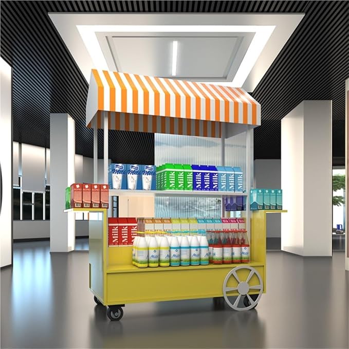 Portable Food Cart with Canopy, Mobile Vendor Display Stand with Lockable Wheels, Outdoor Food Stall Trolley, Foldable Commercial Display Cart for Market, Street Food & Events(Yellow)