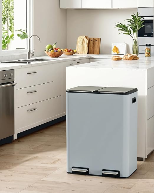 60L Dual Compartment Kitchen Trash Can, Hands-Free Stainless Steel Garbage Bin, Soft-Close Lid, Odor Control, Inner Bucket, Haze Blue, Perfect for Waste Sorting