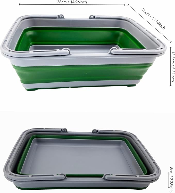 SAMMART Collapsible Basket with Handle 8L (2.1 Gallon) - Portable Outdoor Picnic Basket/Crate -Foldable Basin for Washing Dishes,Camping,Hiking (Grey/Shamrock)