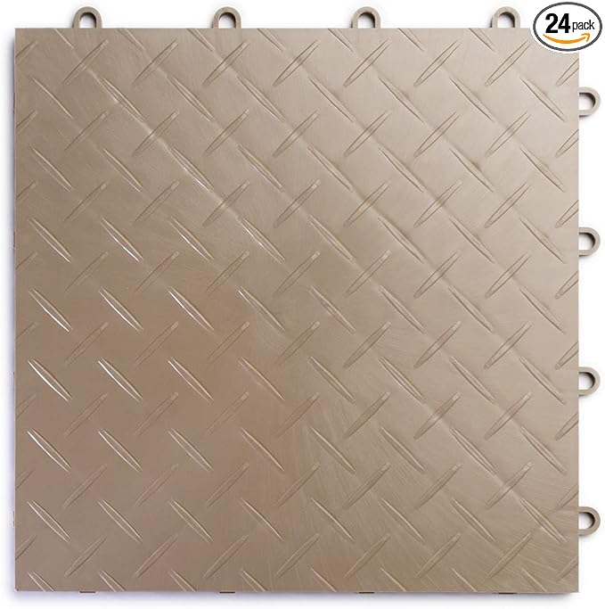 Big Floors RaceDeck Diamond Plate Design, Durable Interlocking Modular Garage Flooring Tile (Beige, 24 Pack of 12 x 12" Tiles)