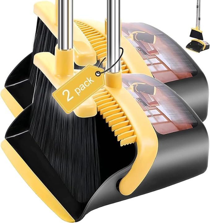 2-Pack is More economical，Upgraded Broom and Dustpan， with 52" Long Handle, Dustpan Teeth with self-Cleaning Function, Indoor and Outdoor Sweeping, Perfect for Home Office
