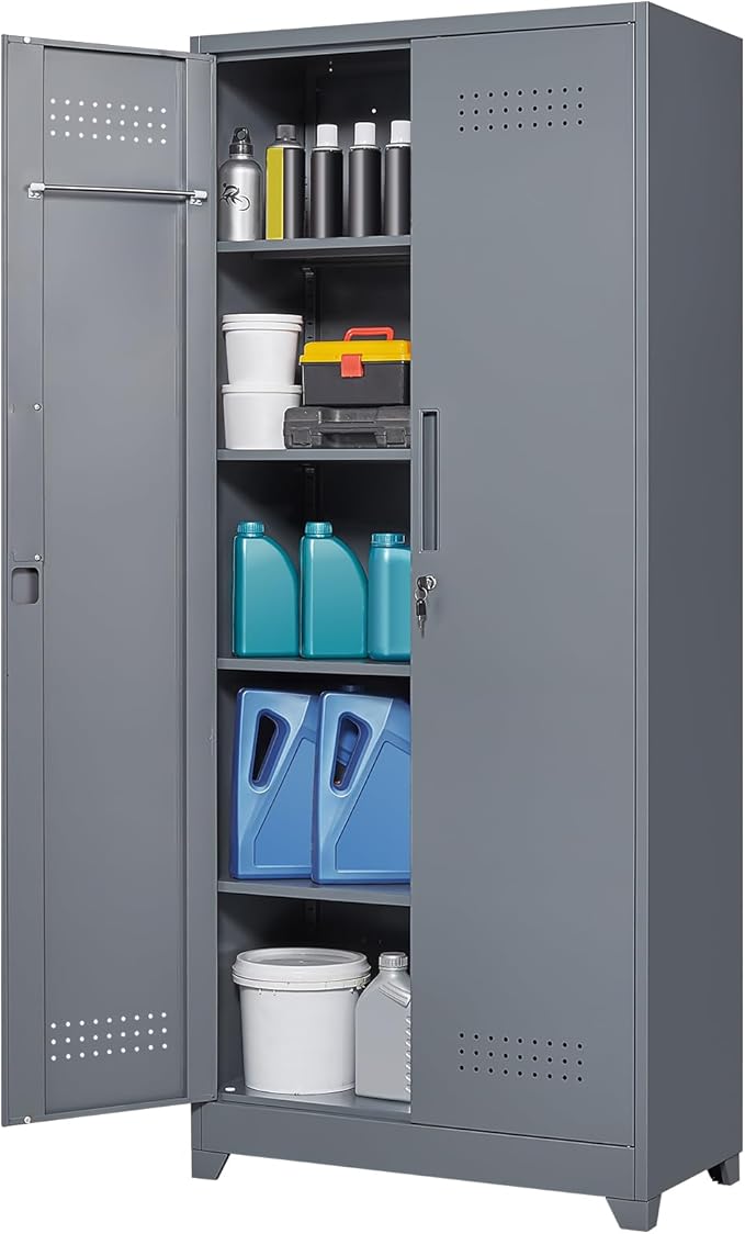 LUCYPAL Metal Storage Cabinet with Locking Doors,72.8" H Broom Closet Storage Cabinet with Shelves and Haging Rods,Garage Storage Cabinets for Kitchen,Utility Room,Grey