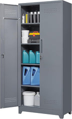 LUCYPAL Metal Storage Cabinet with Locking Doors,72.8" H Broom Closet Storage Cabinet with Shelves and Haging Rods,Garage Storage Cabinets for Kitchen,Utility Room,Grey