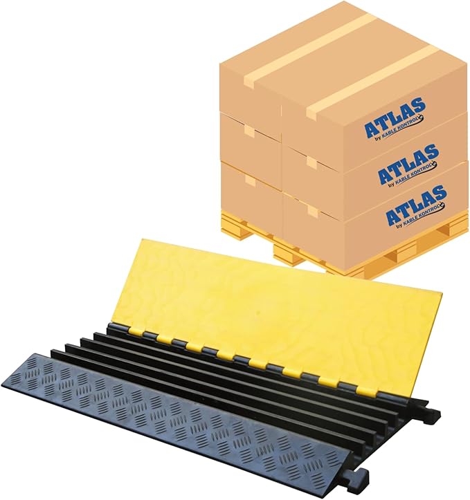 Kable Kontrol Atlas Heavy Duty Cable Protector Ramp - 5 Channel Bulk Wholesale Pallet - 20 Pcs - 36" Long Black & Yellow - 36,000 Lbs Capacity - Rubber Speed Bump Wire Protector Cord Cover - CP9988