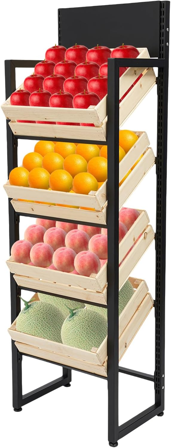 4 Tiers Retail Display Rack, Single Row Wood Market Shelf Commercial Fruit and Vegetable Basket Stand Rack Set Snack Pantry Shelf Unit for Kitchen, Office, Store, Supermarket