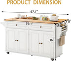67’’ Movable Kitchen Island with Drop Leaf and Power Outlet, Lockable Sliding Countertop Rolling Island Cart with 2 Large Drawers, Spice, Towel Rack,White