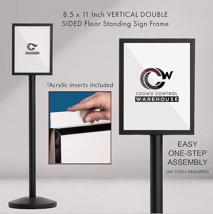 Crowd Control Warehouse Pedestal Standing Floor Sign Frame with Sloped Base, 8.5x11 Inch Vertical, Black Powder Coated Steel
