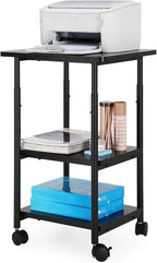 VASAGLE Heavy-Duty Printer Stand with Locking Wheels, 3-Tier Industrial Mobile Cart with Storage Shelf, Printer Table for Home, Office, 26.2-30.1" Adjustable Height, Ebony Black UOPS03B