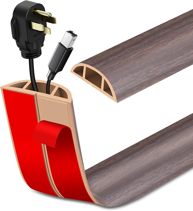 Floor Cord Cover Self Adhesive Cord Hider Floor Extension Cord Covers for Floor Power Cord Protector Cable Management Prevent Cable Trips Cable Cavity 0.51" W x 0.31" H (Brown Walnut Wood, 10Ft)