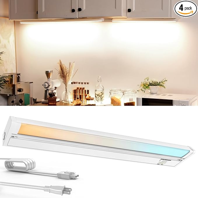 Plug in Under Cabinet Lights Hardwired, 18" 4 Pack Cabinet Light 12W 1000LM, 3CCT, 45° Rotatable Design, Linkable Up to 15 Units Under Counter Lights for Kitchen, Closets