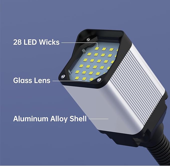 LED lathe Work Light, 20in Flexible Gooseneck Lamp with 28LEDs, 1200 Lumen Machine Light for LatheCNc Milling Drill Press Sewing Machine IndustrialLighting,120V(Base with 4screw holes)