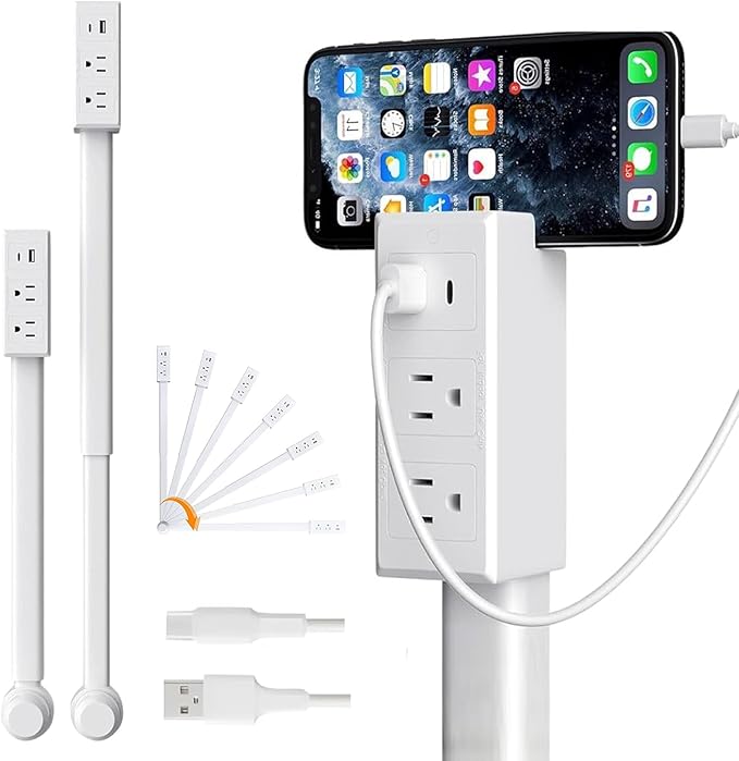 Adjustable Power Extension Pole with USB-C & USB-A Ports, 2 AC Outlets, 22–27 Inch Expandable Length, 180° Rotating Design, Space-Saving Power Strip for Sofa, Desk, and Bedside Use