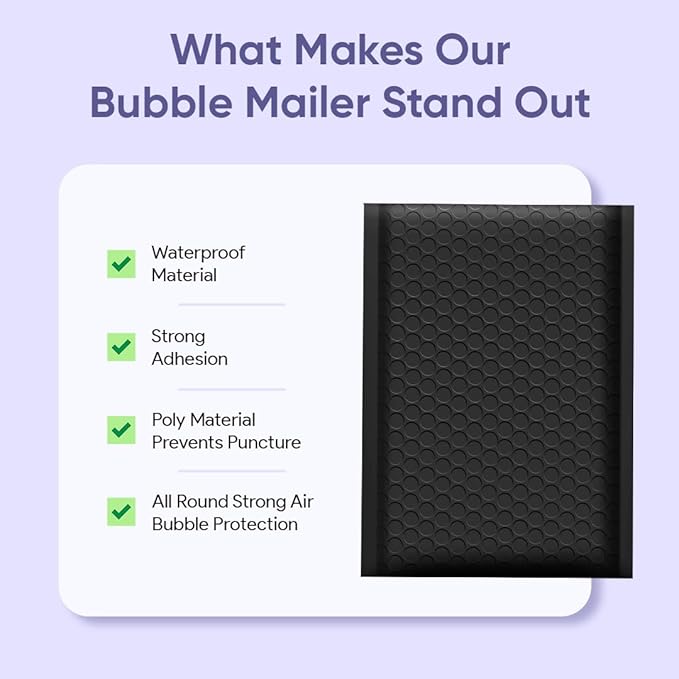 Black 9.5x14.5 Inch Poly Bubble Mailers #4 | Self Seal Large Padded Envelopes | Air Cushioned Bubble Mailer | Usable Size 9.5x13 Inch | Waterproof Lightweight Mailing Shipping Bags | 100 Pack Bulk