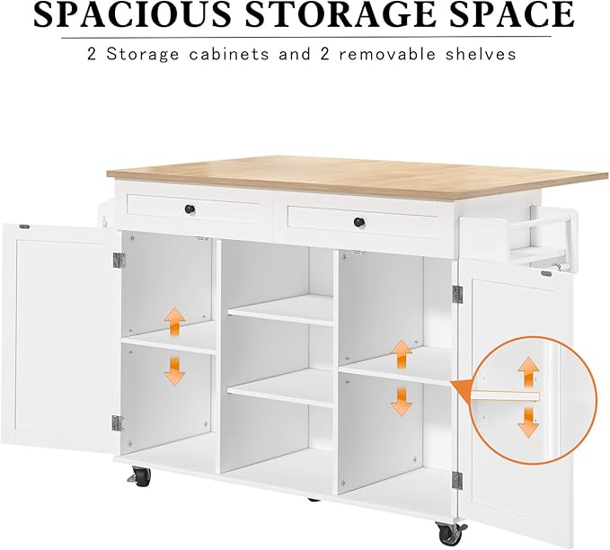 HLR Kitchen Island On Wheels, Rolling Kitchen Island Cart with Drop Leaf Countertop, Barn Door Kitchen Islands Table with Storage Cabinet and Tower Rack, Island Table for Kitchen