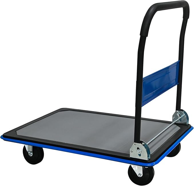 660lbs Large Size Heavy Duty Blue Flatbed Cart, Foldable Steel Platform Dolly with 360° Swivel Wheels, Silent Utility Push Hand Truck for Warehouse & Home