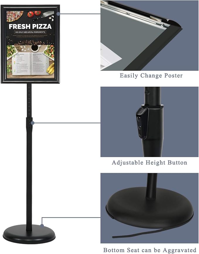 8.5 x 11 Inch Adjustable Pedestal Sign Poster Stand, Heavy Duty Floor Standing Sign Stand Aluminum Snap Open Display Frame for Vertical and Horizontal View Sign Displayed(Black)
