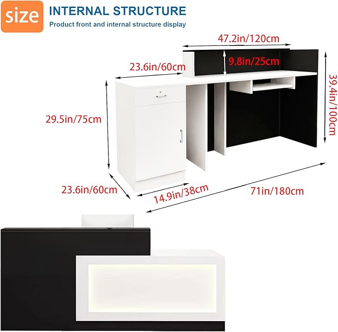 Reception Desk with Counter LED Light and Lockable Drawers and Storage Tall Modern Front Desk Reception Counter for Checkout Lobby Beauty Salon E Right 71inch/180cm
