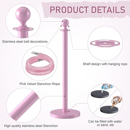 kaiyomi 8Pcs Stanchions with Pink Velvet Ropes Set, 5 Feet Velvet Ropes and Posts Poles for Red Carpet Party Decoration and 360° Photo Booth (Pink)
