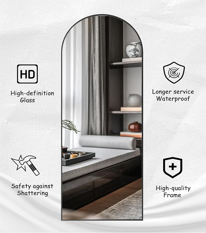 Full Length Mirror Arched Floor Length Mirrors, 71"x26" Large Full Body & with Stand & Arch Wall Mounted & Standing Mirror for Bedroom Living Room, Aluminum Frame, Black