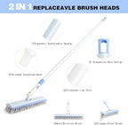 Floor Scrub Brush and V-Shape Grout Brush with Long Handle 3 in 1 Replaceable Head Scrape Brush Stiff Bristle with Swivel Head for Cleaning Tiles Hardwood Floors Patios Blue