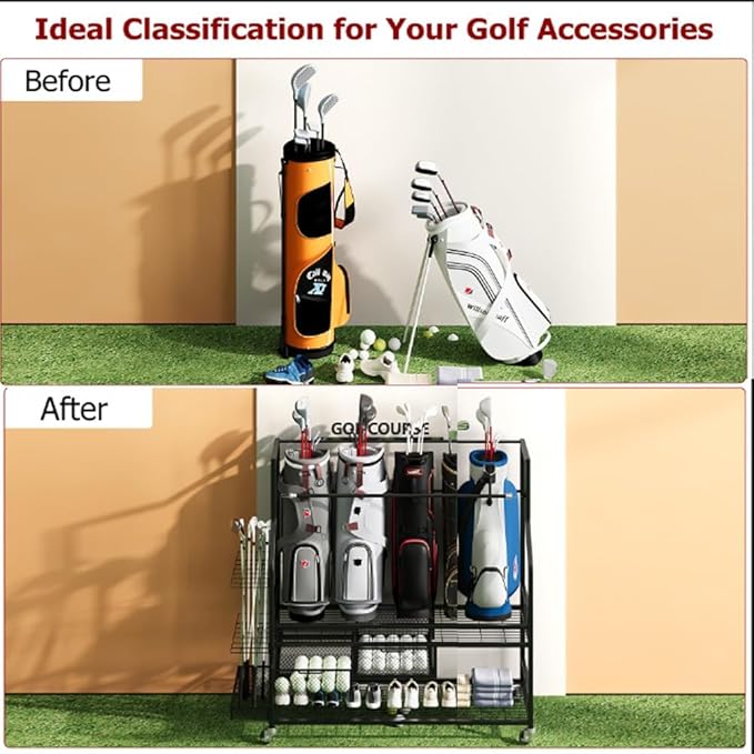 PeakPursuit Golf Bag Organizer and Storage Rack Stand Holder Fits Golf Club Bags and Multiple Golfing Equipment Accessories, Storage Rack with Drawers and Wheels for Indoor/Outdoor Garage, Clubs