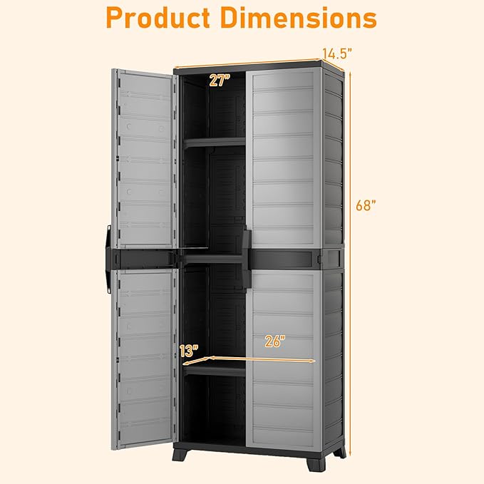 Giantex 68-inches Garage Storage Cabinet, PP Lockable Storage Shed with Doors, Freestanding Tool Locker with 3 Adjustable Shelves, Heavy-Duty Shelving Unit for Pantry, Basement, Laundry Room, Mudroom