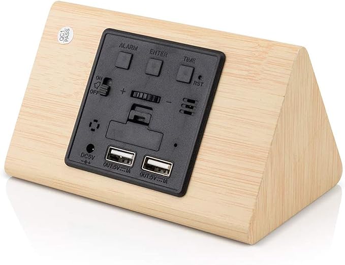 GEARONIC Digital Alarm Clock Wooden Alarm Clock Wood Modern Triangle Alarm Digital Desk Clock, Displays Time Date Temperature Calendar Wood Made Electric Clocks for Bedroom, Bedside - Bamboo