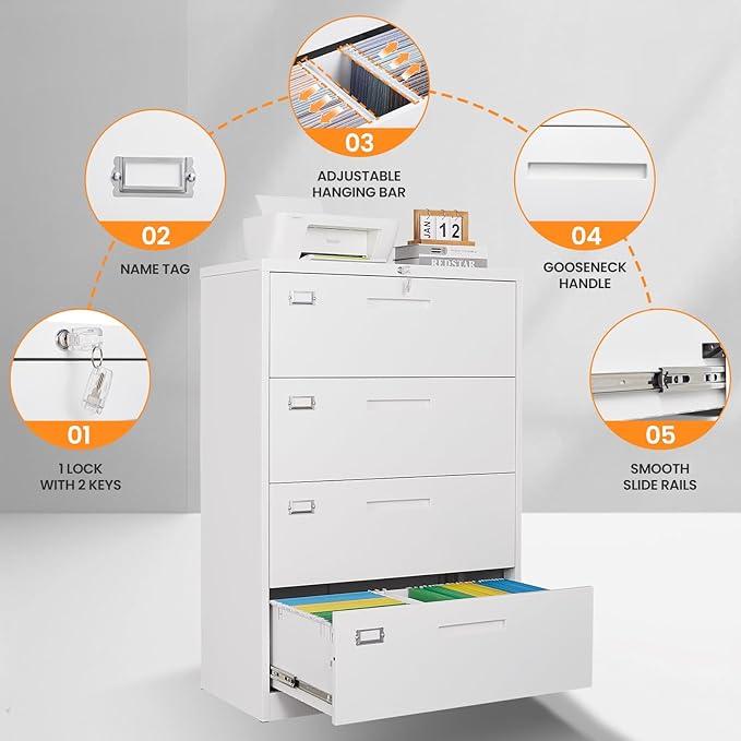 4 Drawer File Cabinets for Home Office, Metal Filing Cabinet with Lock, White Locking File Caninet Four Drawer, Office Storage Caninets Steel Cabnet for Letter/Legal/A4/F4-Assembly Required