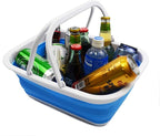 SAMMART 9.2L (2.37Gallon) Collapsible Tub with Handle - Portable Outdoor Picnic Basket/Crater - Foldable Shopping Bag - Space Saving Storage Container (1, White/Marine Blue)